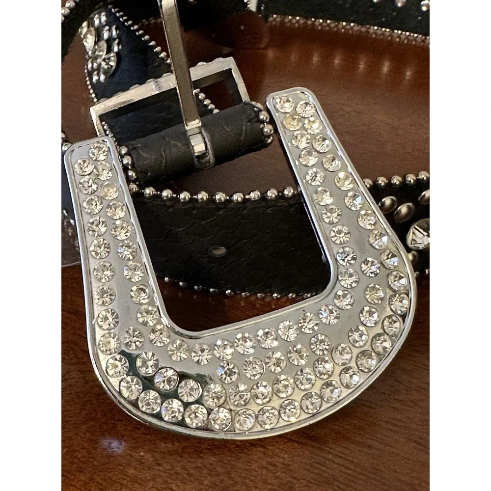 Women's Black Rhinestone Leather Belt size S/M Western Style Black Belt Bling
